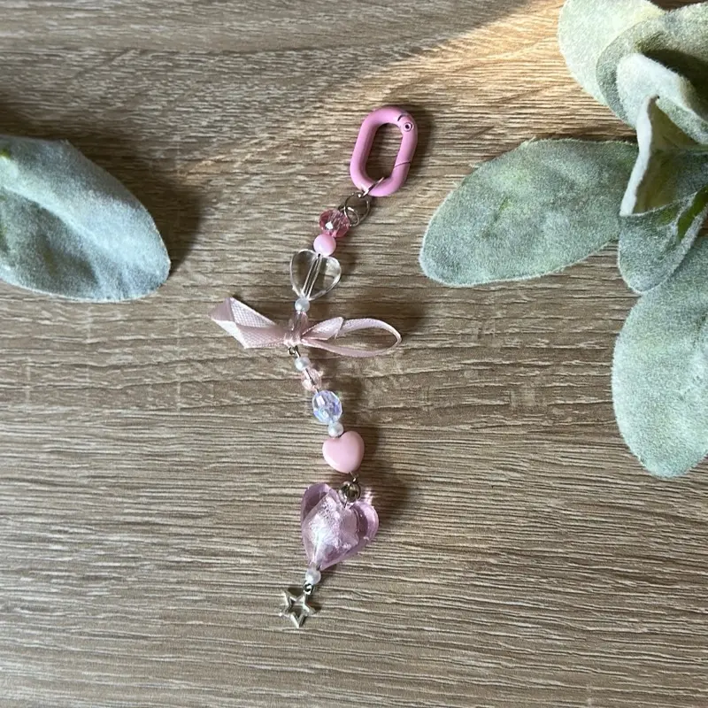 Pink Crystal Heart Keychain Handmade Glass Beaded Keyring Durable Metal Clasp for Pink Lovers & Crystal Collectors