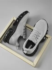 Men's Plus Size Gray - White Flyknit Functional Sneakers, Minimalist Trendy Style, Flyknit Material, Comfortable & High Tolerance, Ideal for Plus Size Men's Sports Training & Daily Outings