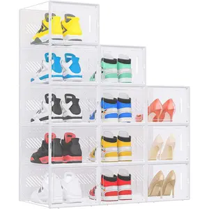 Large Shoe Organizer Storage Box with  Door,12 Pack Clear Plastic Stackable Sneaker Containers for Closet, Connect Left and Right Shoe Box for Entryway, Drop Front, Under Bed (White)