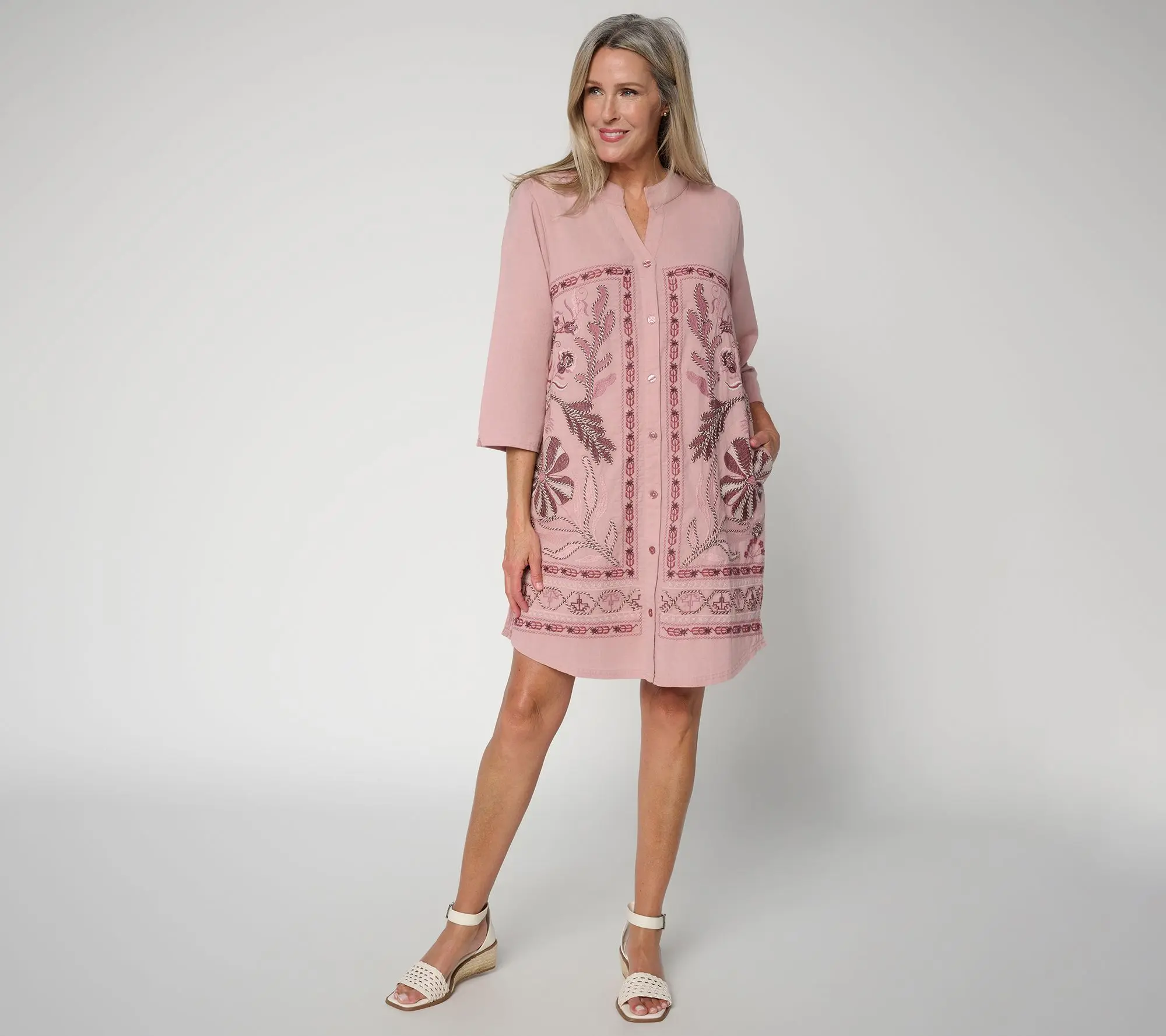 LOGO Lavish by Lori Goldstein Reg 3/4 Sleeve Embroidered Duster