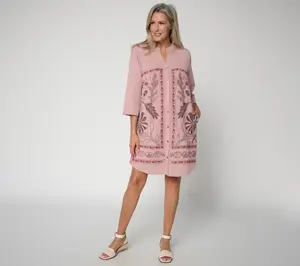 LOGO Lavish by Lori Goldstein Reg 3/4 Sleeve Embroidered Duster