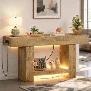 63-Inch Long Console Table with Charging Station, RGB LED Lights & Storage, Versatile Narrow Sofa Table Behind The Couch, Perfect for Entryway,  Living Room