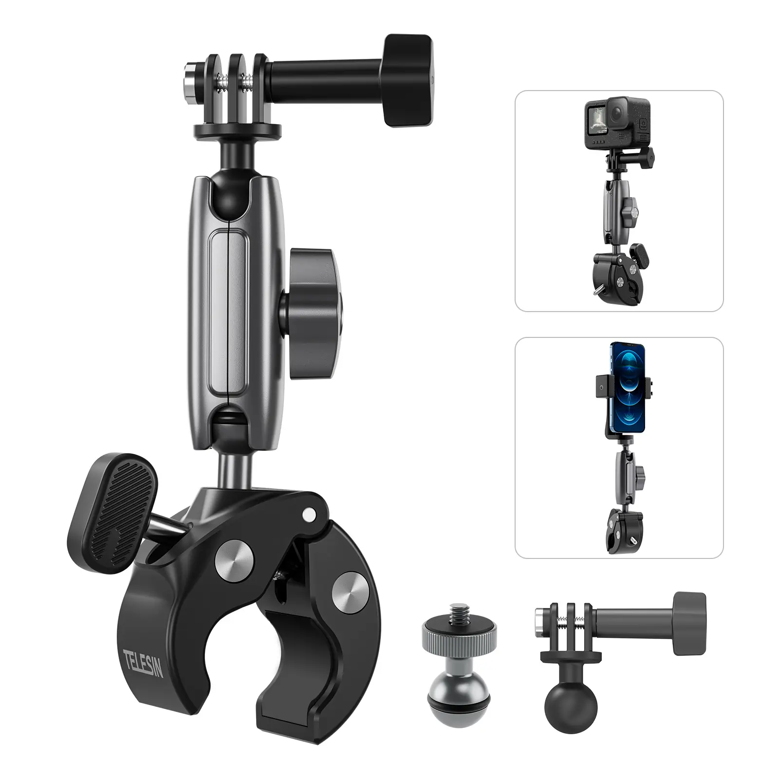 TELESIN° 360 Metal Clamp Mount Dirt Bike Motorcycle Roll Bar Tube Handlebar Mounts Accessories for GoPro 13 12 11 10 9 8 7 Insta360 X3 X4 X5 Go3 Ace Pro 2 DJI Action 4 Osmo Pocket 3 Camera Accessory, Motorcycle Accessories