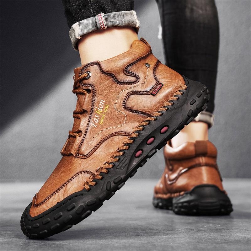 Men's Casual Sneakers, Retro Hand-Stitched High-Top Shoes, Leather Ankle Boots, Comfortable Walking Shoes with Round Toe, Flat Heel and Rubber Outsole for Outdoor Hiking, Urban Commuting, Work, Travel and Everyday Wear