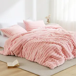 Cuddly Ribbed Plush Comforter Set 100 gsm Poly Fill with Jump Tack Quilting 3 Oeko-Tex Certified Fluffy Pink Cord Textured Bedding