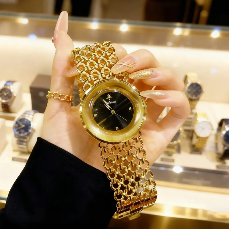 Luxury Round Bracelet Watch for Women Golden and Black Dual Color Options Waterproof Design Free Size Adjustable Strap Elegant and Fashionable for Daily Wear Perfect Gift for Birthdays Valentine’s Day Mother’s Day Wedding Anniversaries and Christmas-1016
