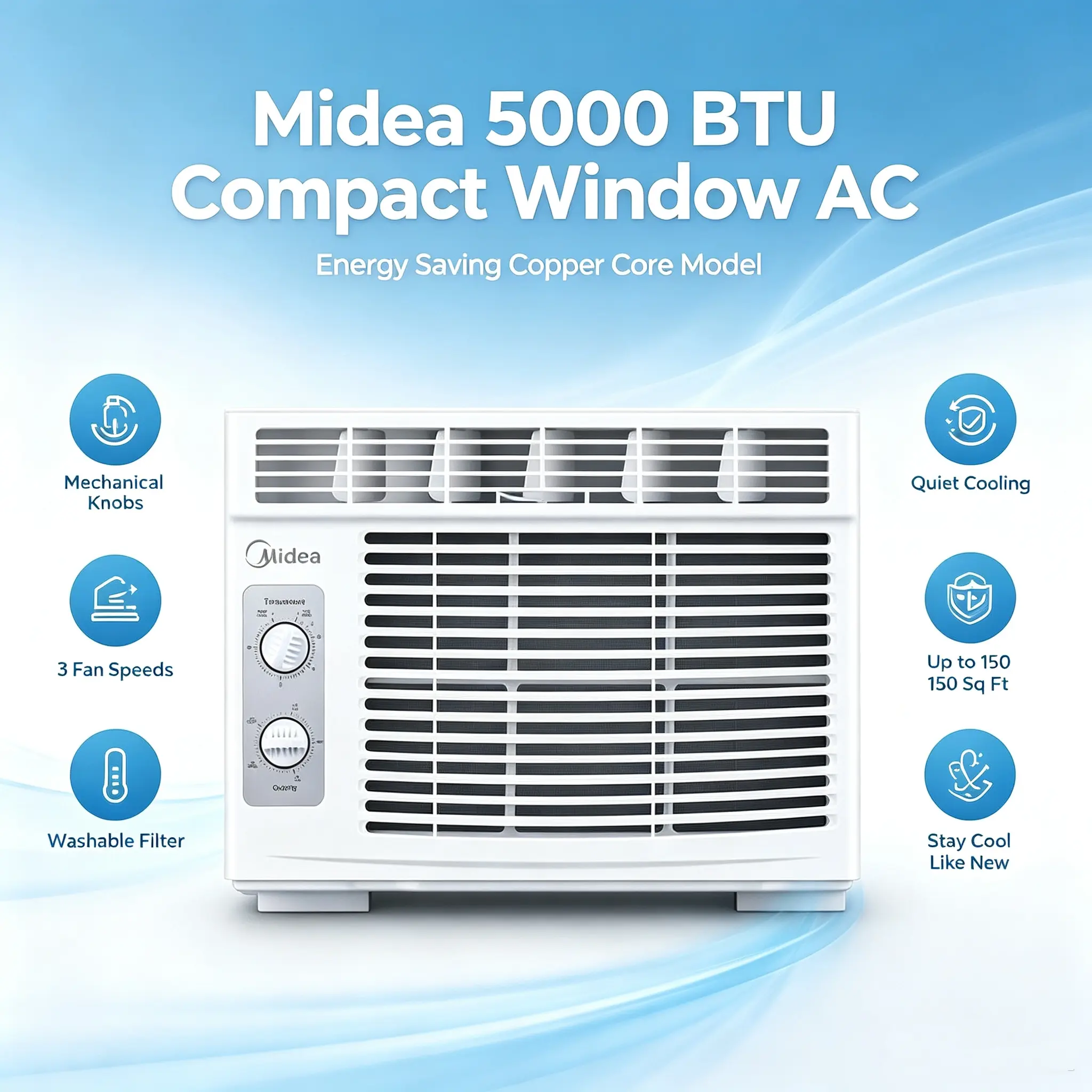 Midea 5000 BTU Compact Window AC | Copper Core Energy Saver, Mechanical Knob Control (No Remote), Quiet Cooling for Bedroom & Office, 150 Sq Ft, 3 Fan Speeds, Washable Filter, Like New small apartment