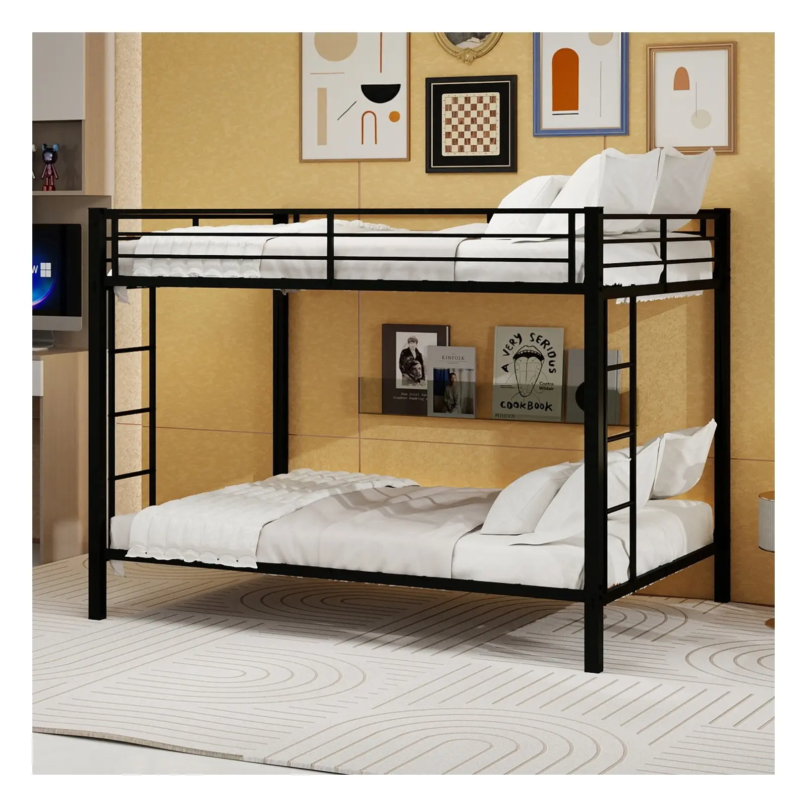 Full/Queen Metal Bunk Bed Frame with Guardrails, Ladder and 400 lb Capacity, Black/White