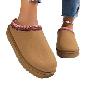 Womens Slippers Platform Mini Ankle Boots,Vegan Suede Upper,Warmly Cozy Fuzzy Fur-Lined Indoor Slippers Slip On Shoes for Out Door Black