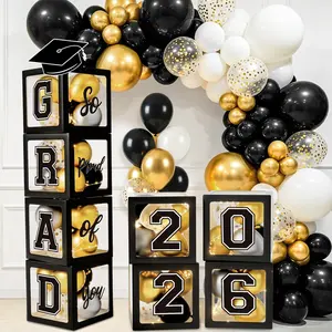 Graduation Decorations Class of 2026, Black Graduation Decorations, Balloons Boxes (4PCS) with Letters 2026 GRAD So Proud of You, Congrats Grad Decorations for High School & College