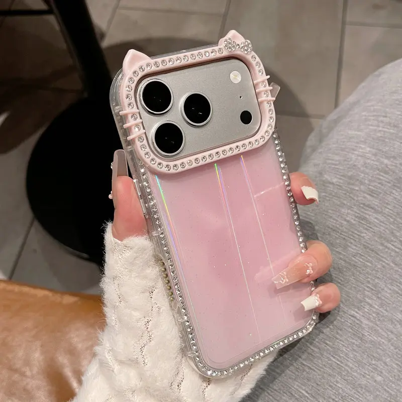 Stylish Cat-Ear Diamond-Studded Glitter Phone Case For iPhone 17 16 15 14 13 Pro Max  Full-Coverage Shockproof Case Decorative Phone Protector Mobile Phone Casing Mobile Phone Accessories