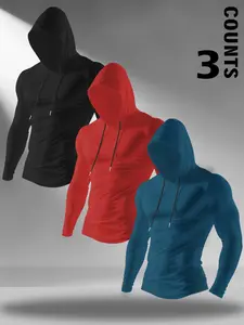 Men's 3-piece hooded tight fitting shirt, solid color silk screen printed clothing, black/red/white/light floral gray/blue, fitted elastic fabric, moisture absorbing sportswear, casual daily commuting and street layered top, fashionable slim fit sportswea