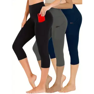 3-Pack High-Waisted Capri Leggings with Pockets - Breathable, Tummy Control Yoga and Workout Pants for Women