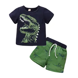 WAMSOBY Boy Clothes Short Sleeve Dinosaur Printed WILD BOY T-shirt + Shorts 2pcs Boys Summer Outfit   cute clothes set  Suit cute clothes set