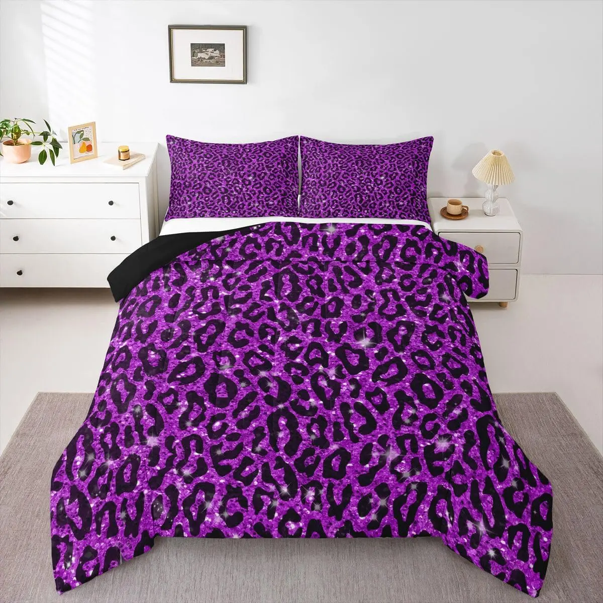 Leopard Bedding Set Soft for Boys Girls,Glitter Comforter Set Cheetah Duvet Quilt Microfiber Cow Fur Bedroom Decor