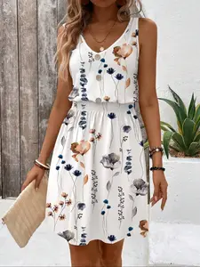 Women's Floral Print Tank Dress, Casual Bohemian Sleeveless V Neck Dress for Holiday Vacation Daily Wear, Ladies Clothes for All Seasons