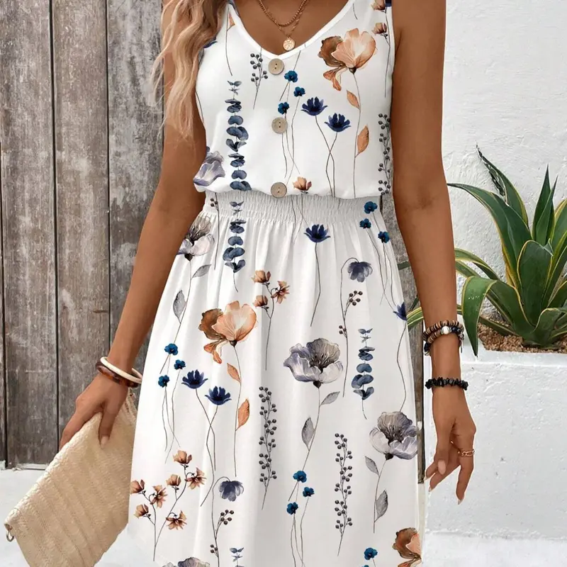 Women's Floral Print Tank Dress, Casual Sleeveless V Neck Dress for Holiday Vacation Daily Wear, Ladies Clothes for All Seasons, Summer Tank Dresses