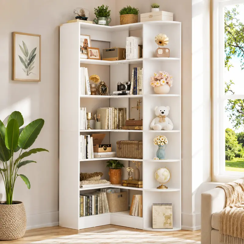 7-Tier Corner Bookshelf, 71" Tall Freestanding L-Shaped Book Shelf with Baffle, Sturdy Corner Open Display Shelf Bookcase for Home Office Living Room,dorm essentials,home decor