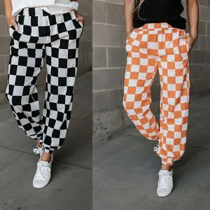 Women's sports pants, elastic waist checkered pants with pockets, suitable for casual daily wearRAIMENTRY