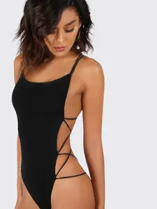 Strappy Open-Back Unitard Bodysuit Womens Top - Womenswear Comfort Minimalist Elegant Soft Comfortable