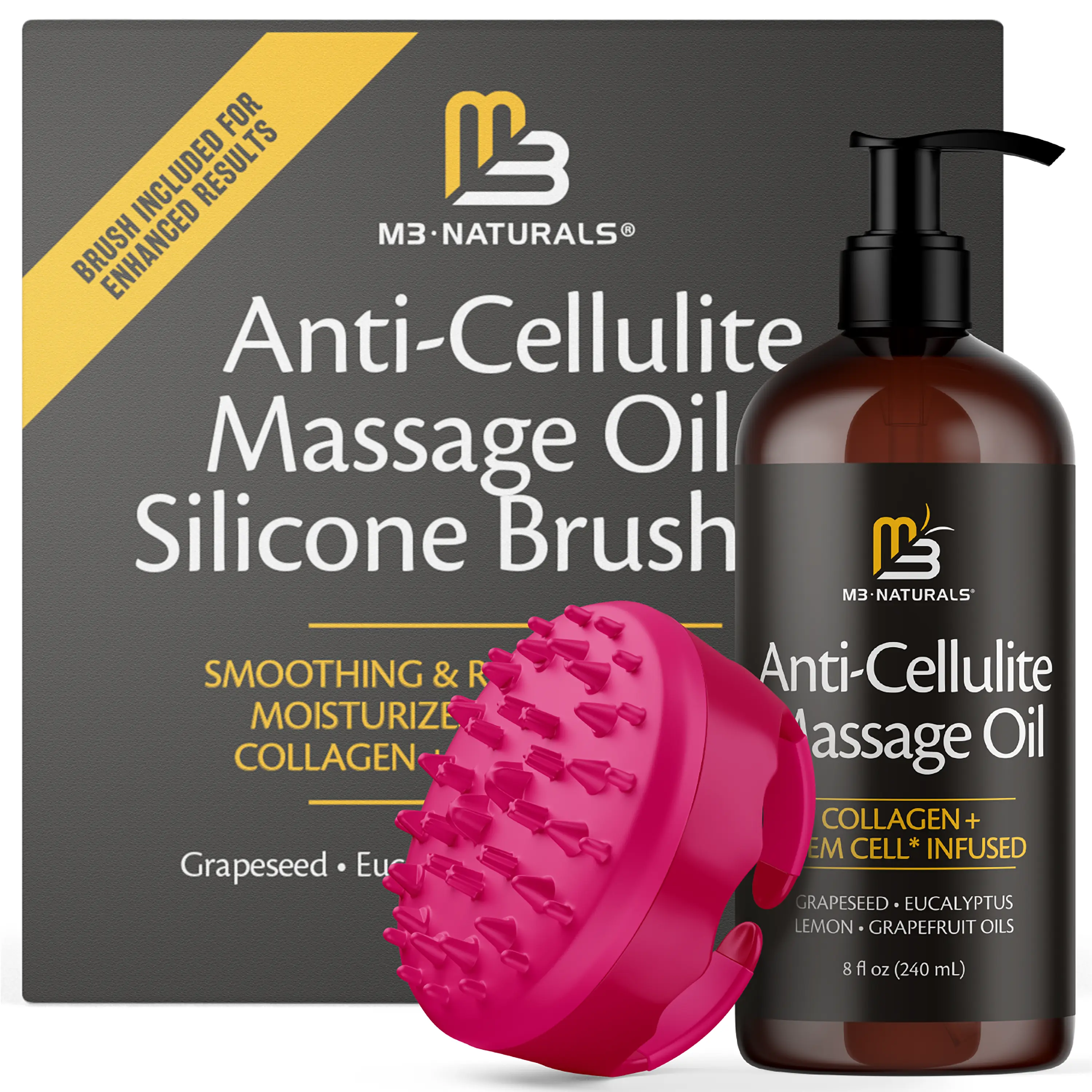 M3 Naturals Anti-Cellulite Massage Tool & Body Oil Slimmer Thighs | Easy to Use Cellulite Massager for Thighs & Sore Muscles, 8 fl oz & 1 silicone brush