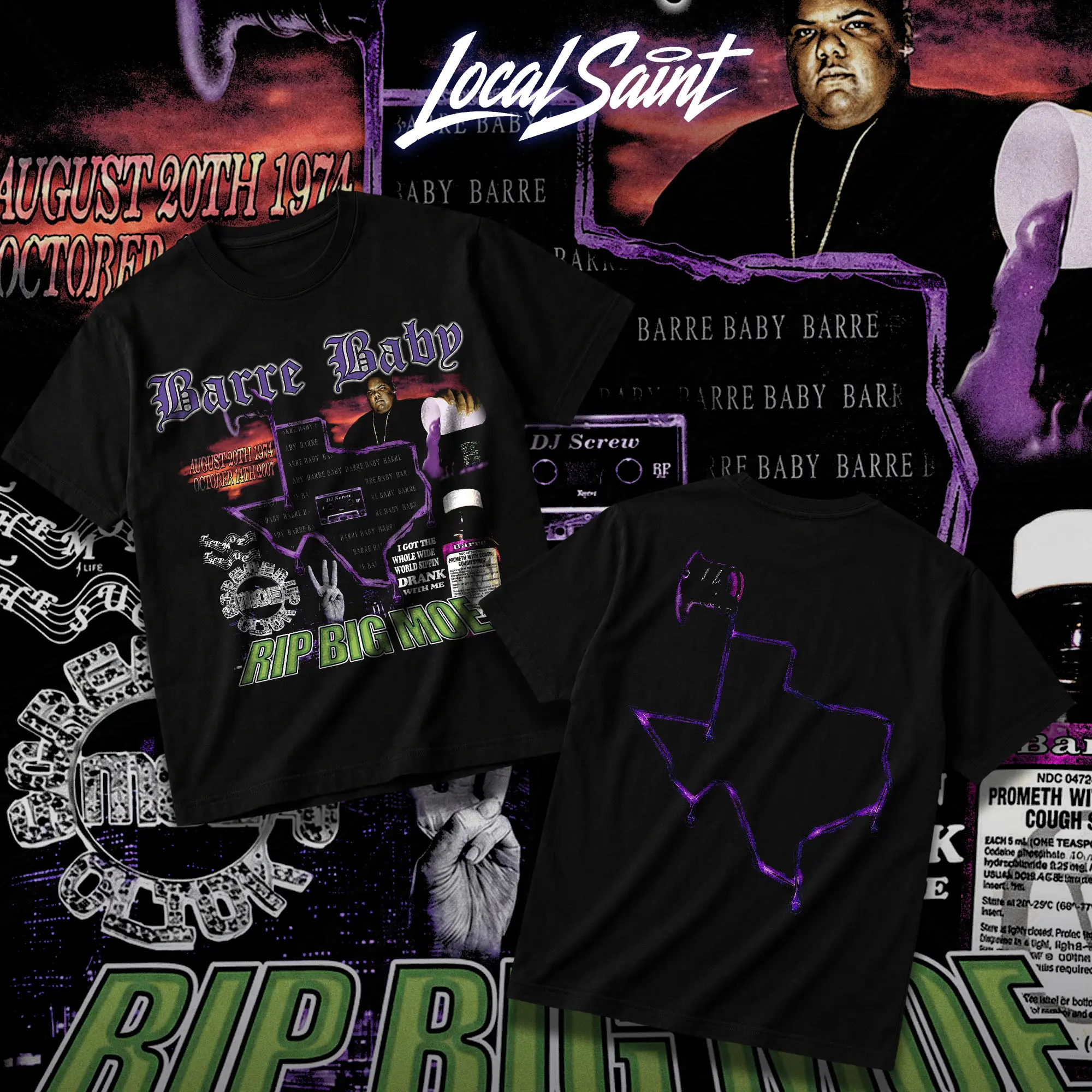 LOCALSAINT Big Moe Barre Baby Heavy Cotton Unisex Graphic T-Shirt Hoodie Houston Rap Texas Screwed Up Click DJ Screw 713 Crewneck Tee, Vintage Streetwear Graphic T-Shirt Direct To Garment Breathable Print