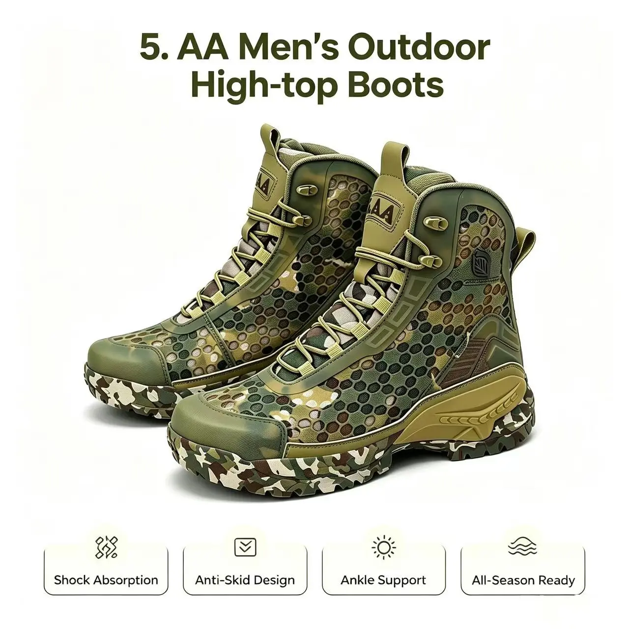 5.AA Men's All-Season Tactical Hiking Boots, High-Top Suede Mesh Outdoor Footwear with Wide Toe, Lightweight & Non-Slip Soles
