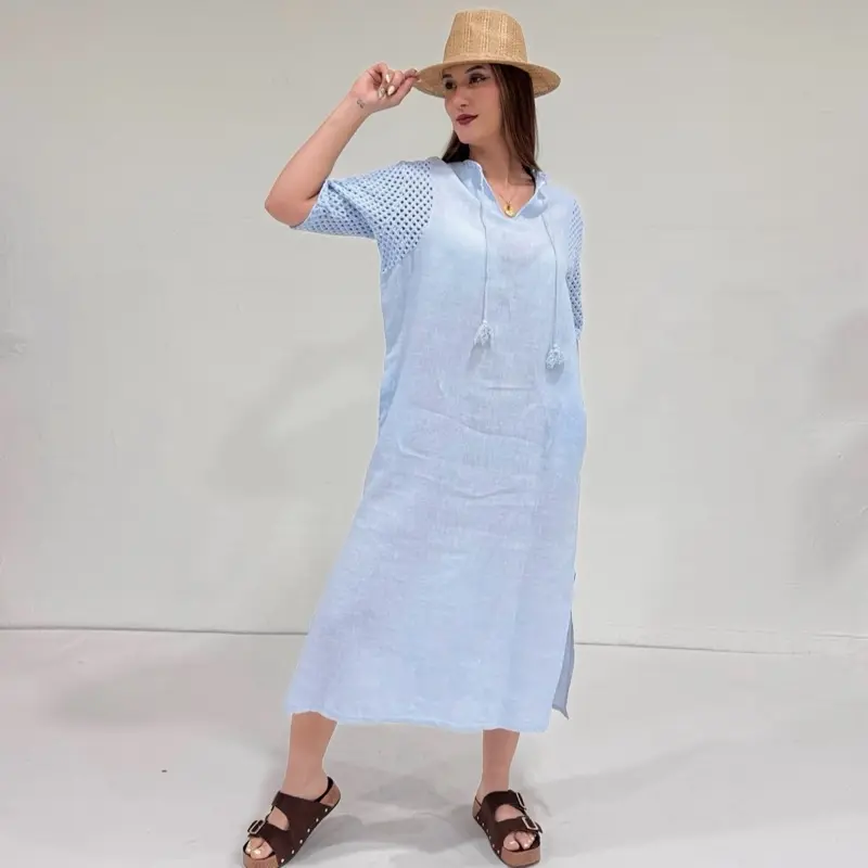 Celia Linen Crochet Detail Maxi Dress One Size Fits XS to L Relaxed Fit Ibiza Style Summer Dress
