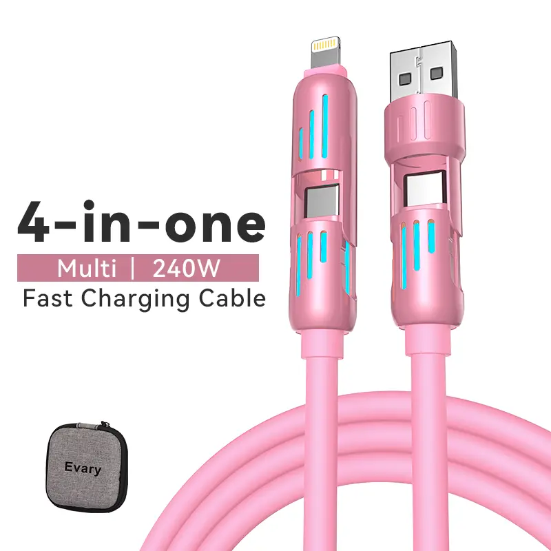 240W 4-in-1 Pink Fast Charging Data Cable with USB-A Type-C Lightning Ports for iPhone iPad Samsung Galaxy with Organizer Bag Durable Stylish Design