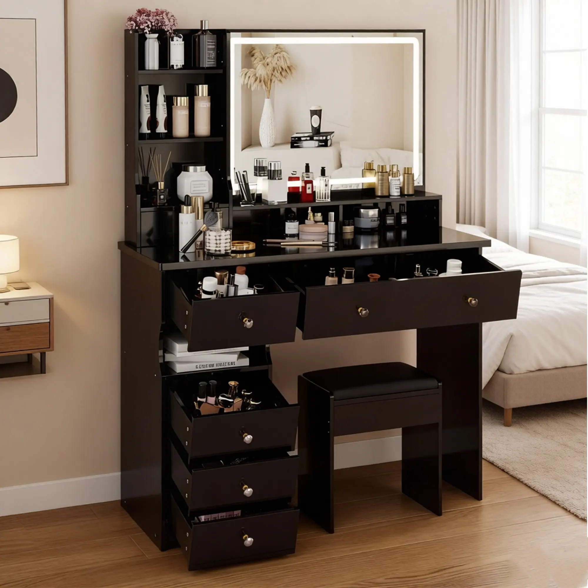 41" Vanity Desk Set with Large Mirror and Lights in 3 Modes, Makeup Vanity Table Set with 6 Drawers, Open Shelves, Dressing Table with Cushioned Stool, Black