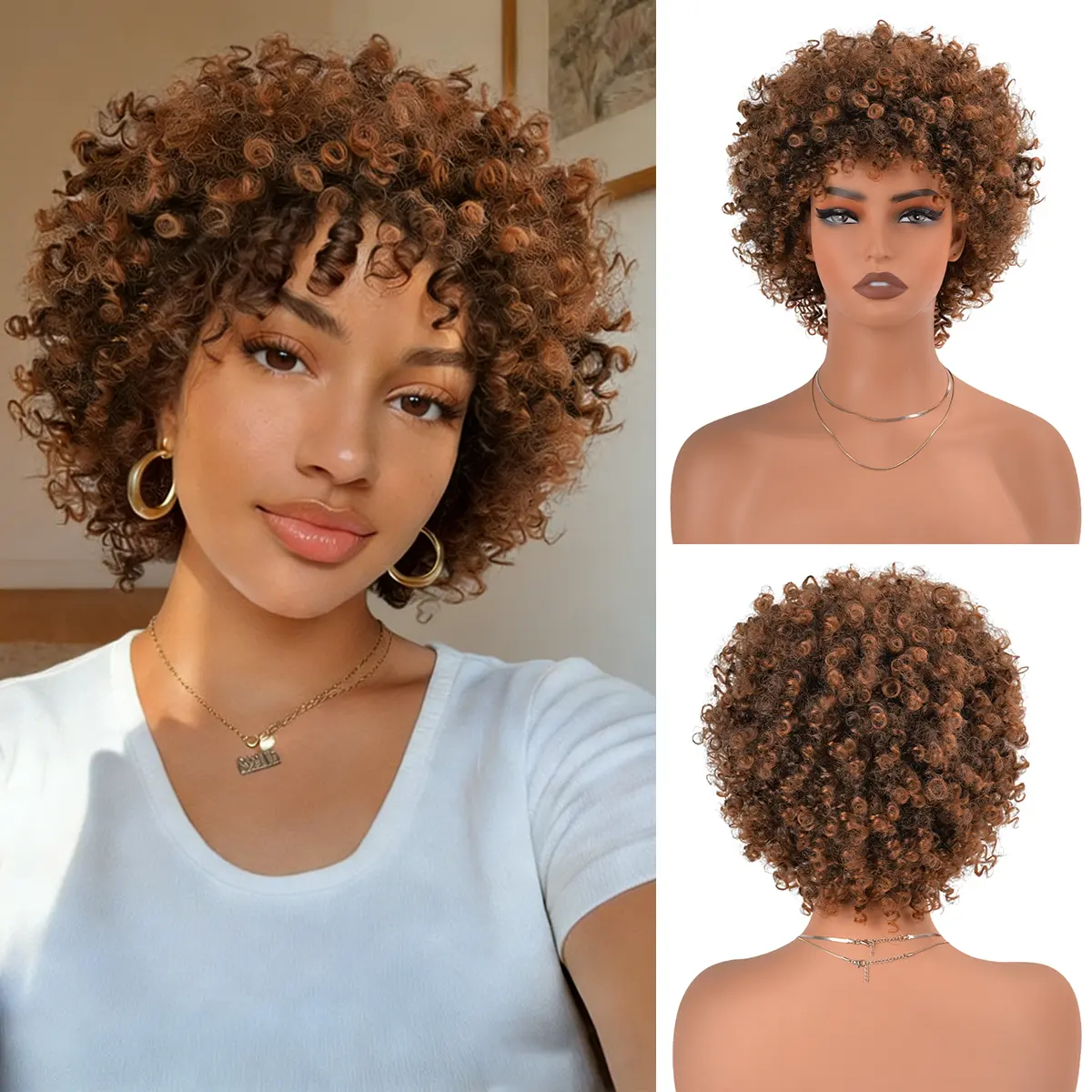 New Short Curly Wigs for Black Women Synthetic Hair Afro Natural Curly Wig Synthetic Hair With Bangs  None Lace Front Curly Wigs (Big Curly) Glueless Wigs Heat Resistant Wigs