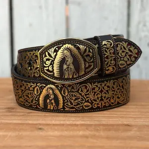 Golden “Virgen de Guadalupe” Western-Style Laser Cut Belt | Made in Mexico