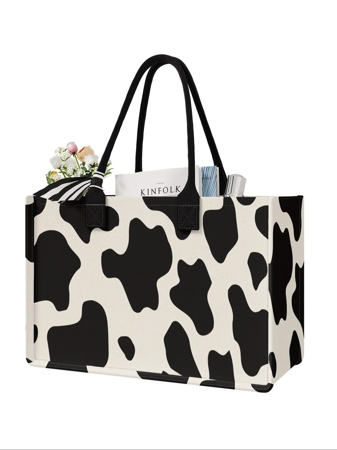 Large Capacity Cow Pattern Storage Tote Bag, Durable Handle, Space Saving Multi-Purpose, Ideal for School, Travel, Shopping