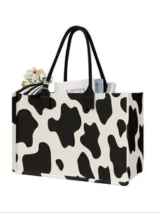 Large Capacity Cow Pattern Storage Tote Bag, Durable Handle, Space Saving Multi-Purpose, Ideal for School, Travel, Shopping