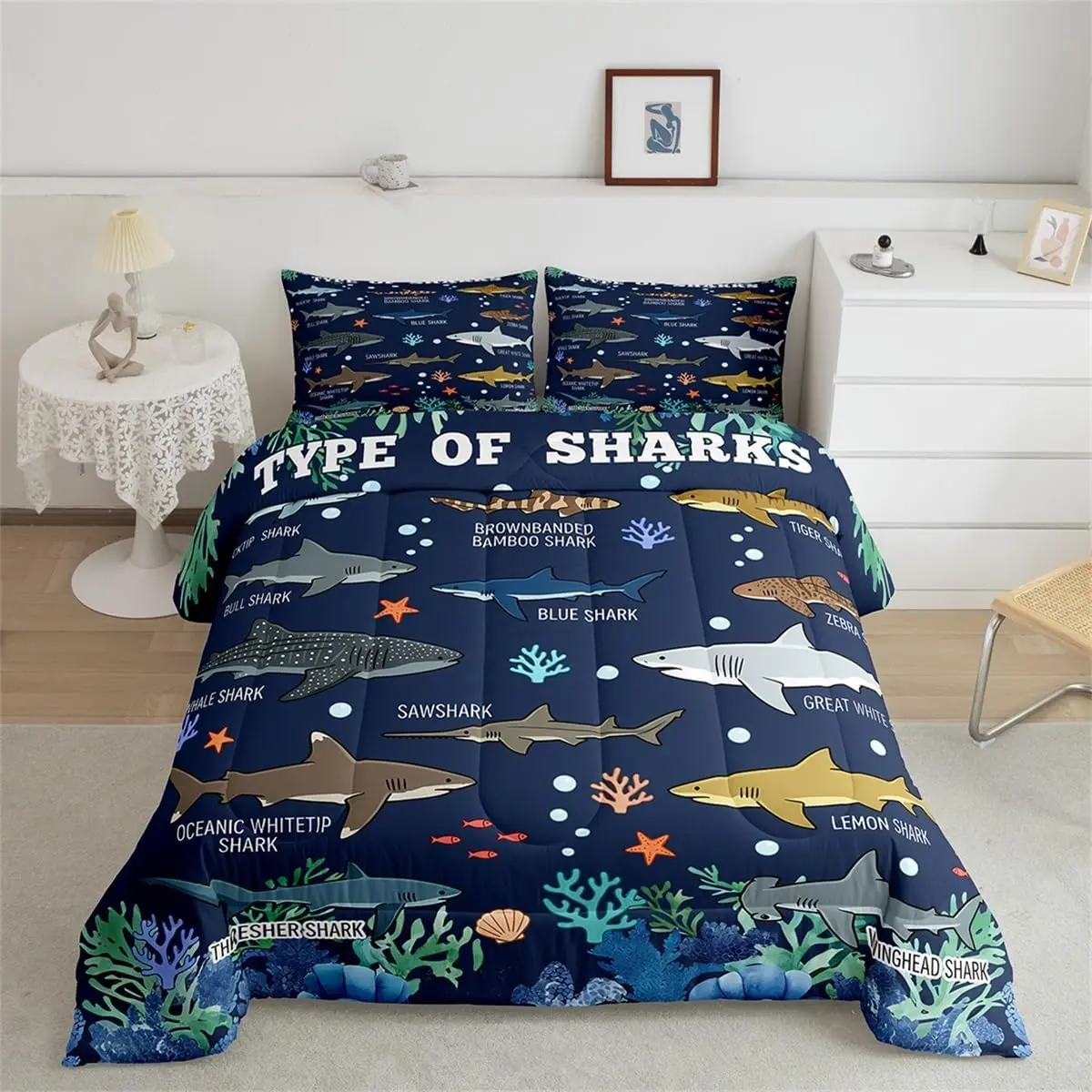 Sharks Bedding Set Soft,Sharks Lover Gifts Comforter Set Ocean Sealife Duvet Quilt Microfiber Underwater Animal Marine Bedroom Decor 1