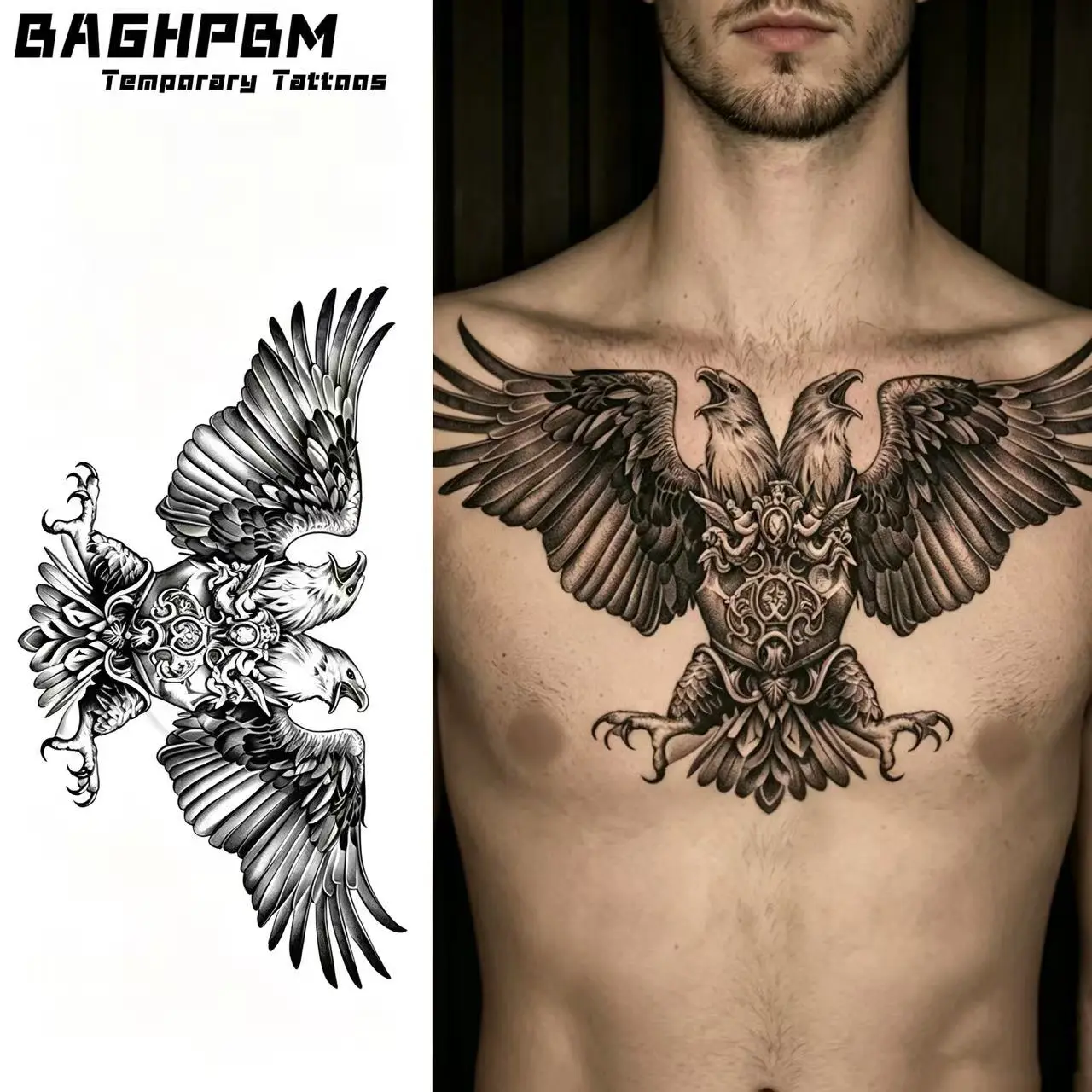 BAGHPBM Imperial Eagle & Flowers Sticker Temporary Tattoos - Waterproof Fake Tattoos for Men's Chest, Suitable for All Skin Types, Sticker Tattoos