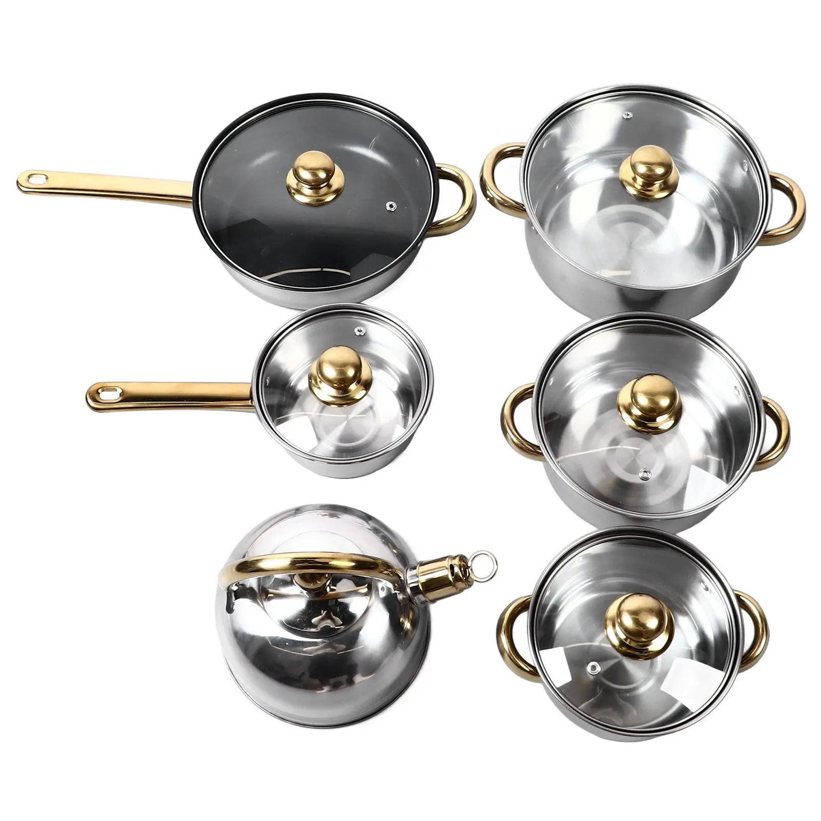 SBE TECH 12-Piece Sturdy Royal Golden-Handle Stainless Steel Cookware Set - Includes Kettle, Pans, Pots, and Lids, Compatible with Induction Cooktop, Pots And Pans Set, Frying Pan