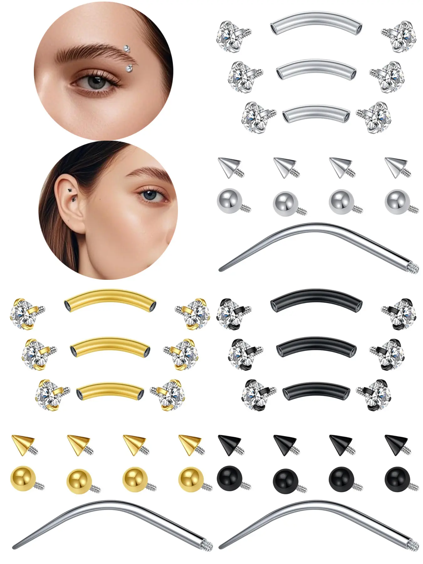 Eyebrow Piercing Jewelry Daith Rook Earrings with Replacement Balls Stianless Steel Internal Thread Curved Barbell Vertical Labret Lip Belly Ring Snug Tragus Piercing 16G Body Jewelry