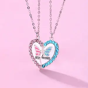 BFF Necklace for 2, Best Friend Necklaces, Valentines Day Gifts Split Heart Rhinestone Friendship Necklaces Engraved Pendant