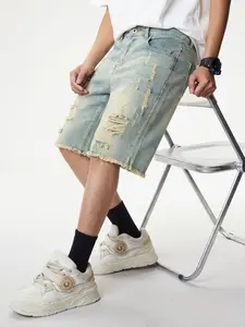 Men's Summer Light Blue Washed Distressed Denim Shorts, Loose Fit Street Style, Faux Fur Fringe Hem, Casual Fashion