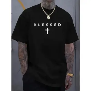 Men'S Casual Crew Neck T-Shirt with Cross & "BLESSED" Letter Print, 100% cotton Knit Fabric, Regular Fit Short Sleeve Tee for Summer