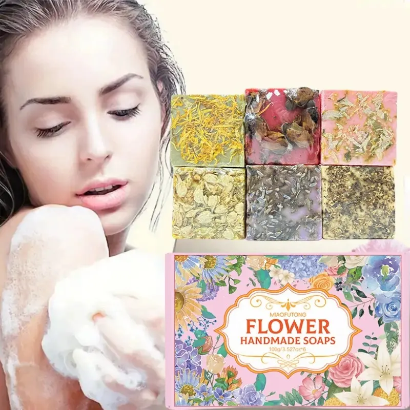 Rose Chamomile Flower Natural Soap Set, 6 Bars Moisturizing Handmade Soap, Face Wash Body Bath Cream, Christmas Gift Idea