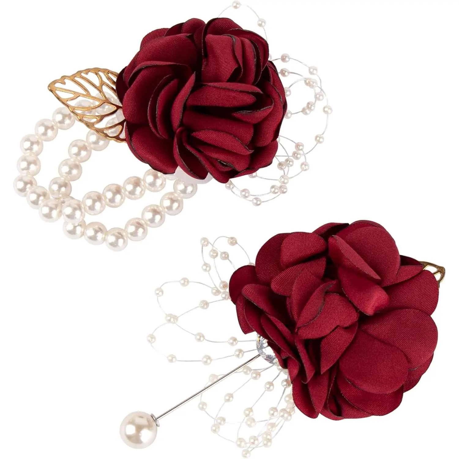 Matching Adjustable Realistic Rose Burgundy Wrist Corsage and Boutonniere Set - Bridal Hand Flower for Wedding, Prom Events, Accessories, Groomsmen, Silk, Burgundy Red