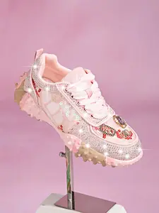 Women's Rhinestone Floral Dad Shoes, Thick Sole Height Boost, Trendy Casual Sporty Sneakers, Spring & Fall Fashion, All over Print Design