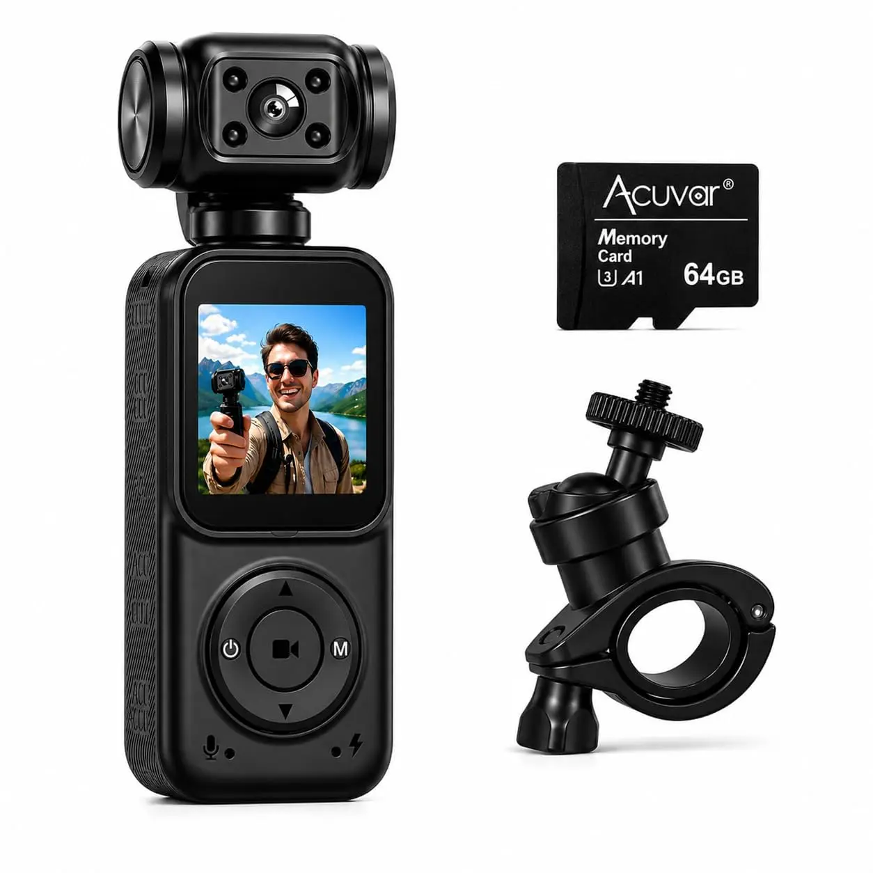 Mini 4K Pocket Camera with LCD Screen, Portable Video Camera with WiFi, Face Tracking, 270° Rotation, 64GB SD Card Included