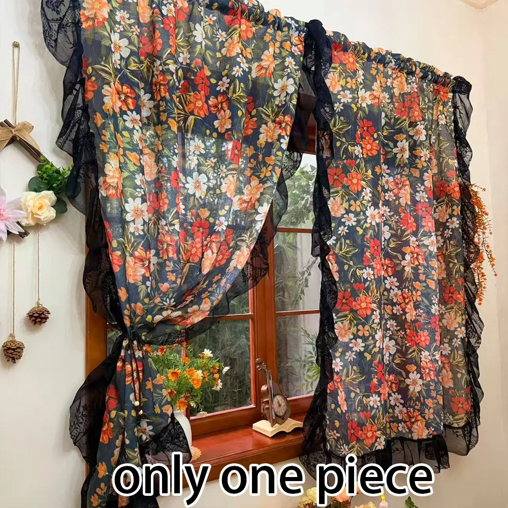 American Vintage Printed Linen Curtains and Nettings with Ruffle Design, Home Decorative Curtain, Home Decoration Curtain, High Blackout Heavy Duty Drapes for Living Room Bedroom Floor-to-Ceiling Windows Blackout Window Cover
