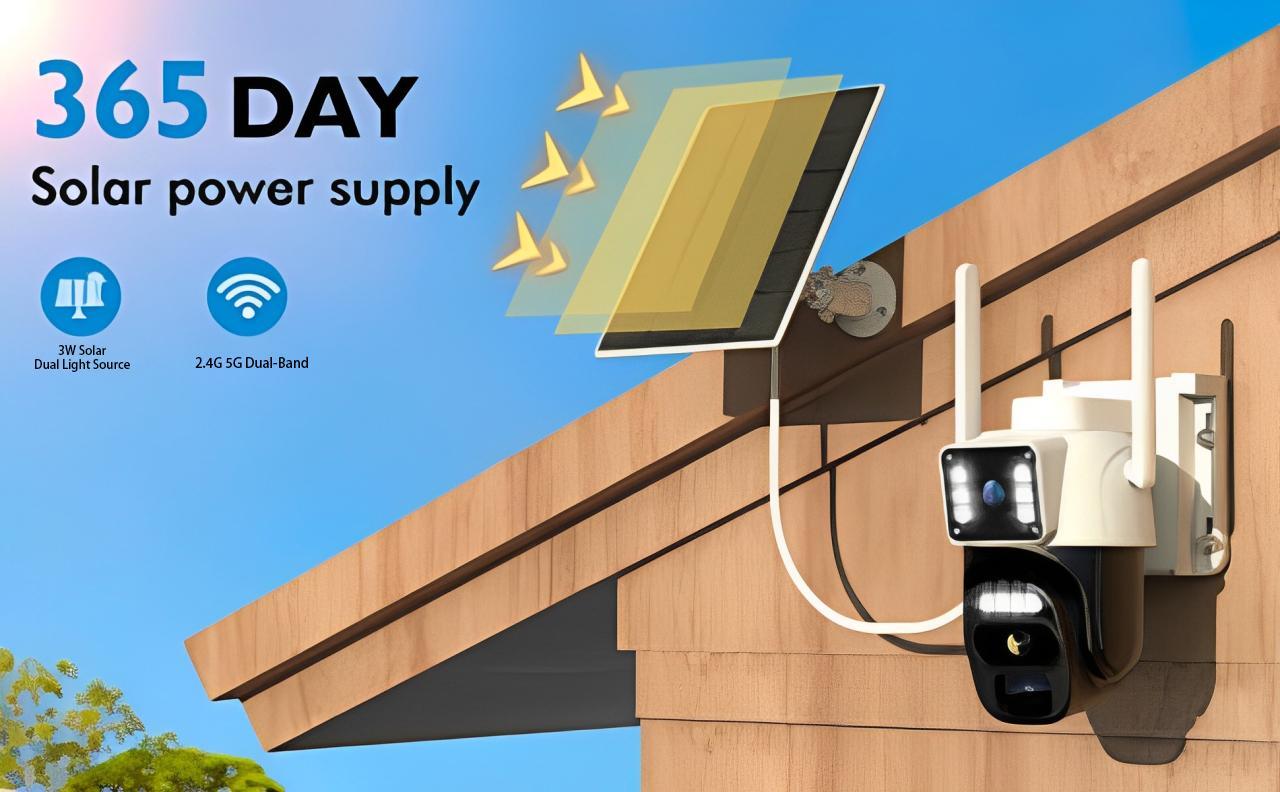 Hawkray 2K Solar Dual-Lens Security Camera: 360° PTZ, Color Night Vision, PIR Human Detection, IP66 Waterproof, Outdoor/Indoor Use, Two-Way Talk, Auto Tracking, Spotlight & Siren Alarm, WiFi/Cloud Storage​