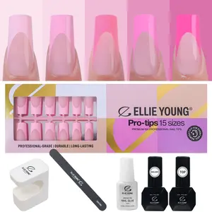 ELLIE YOUNG Pro-Tips Long Square Pink Pastel French Tips, 150pc Press-On Nails Kit – 15 Sizes, Matte Gel Acrylic Look, Soft Gel DIY Extensions
