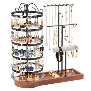 Metal Rotating Earring Holder Organizer - 3 in 1 Design with 220 Pair Capacity & Adjustable Necklace Rack for Jewelry Display Boxes Black/Brown Wood Multipurpose Storage Bracelet bathroom organizer Wooden Gift