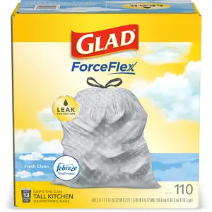 GLAD ForceFlex Tall Kitchen Drawstring Trash Bags Odorshield 13 Gallon White Trash Bag Febreze Fresh Clean 110 Count LeakGuard Technology